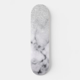 Glamourous Silver White Glitter Marble Gradient Skateboard
