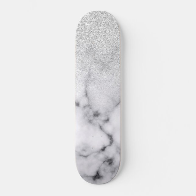 Glamourous Silver White Glitter Marble Gradient Skateboard (Front)