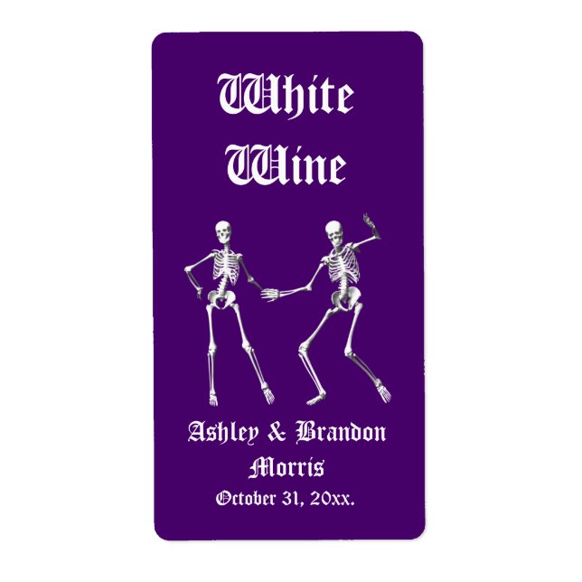 Glamourous Skeletons Wedding Wine Label (purple) (Front)