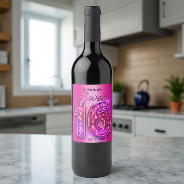 Glamourous Sparkling Hot Pink Gemstone Sweet 16 Wine Label (Creator Uploaded)