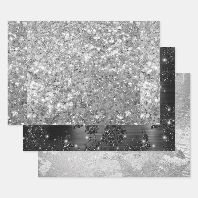 Glamourous Sparkling Silver & Black Glitter Patter Wrapping Paper Sheet (Set)