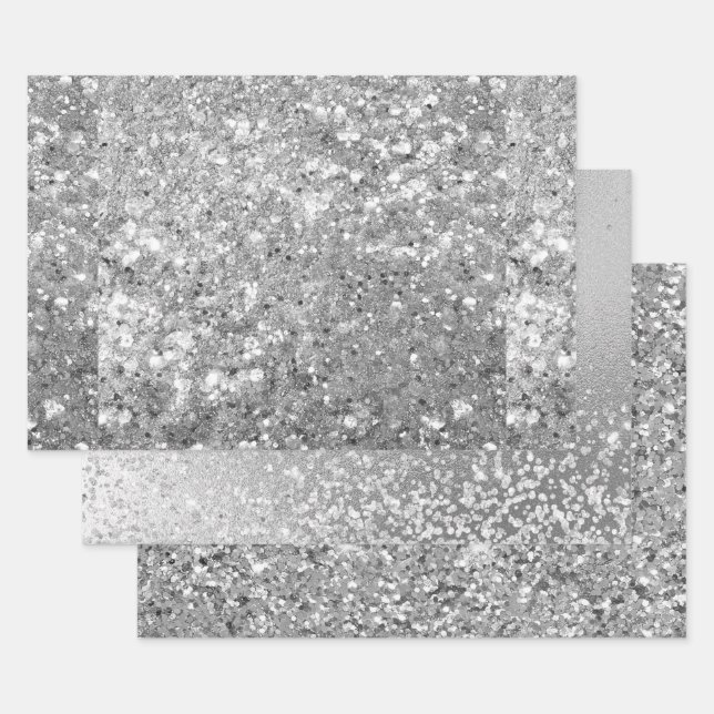 Glamourous Sparkling Silver Glitter Patterns Wrapping Paper Sheet (Set)
