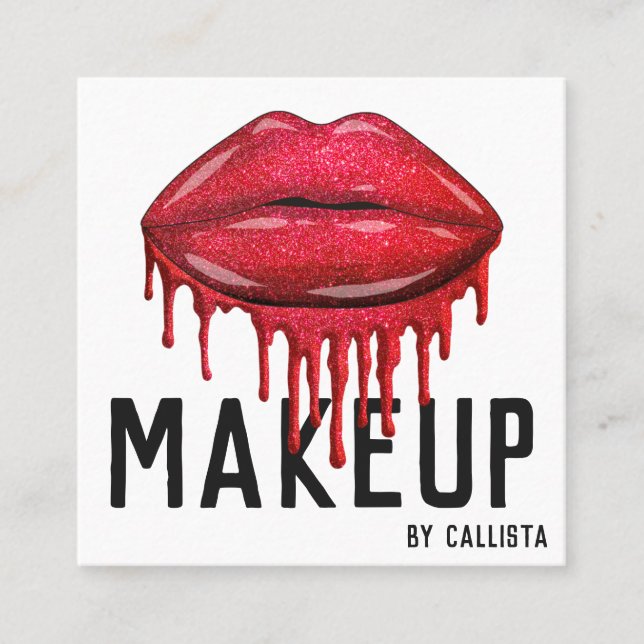 Glamourous Sparkly Red Glitter Drips Lips Makeup Square Business Card (Front)