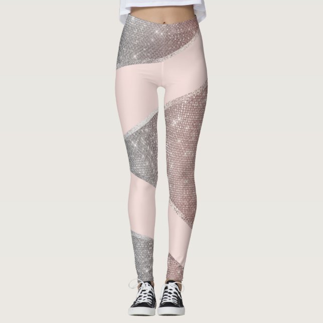 Glamourous Sparkly Silver Rose Gold Glitter Geo Leggings (Front)
