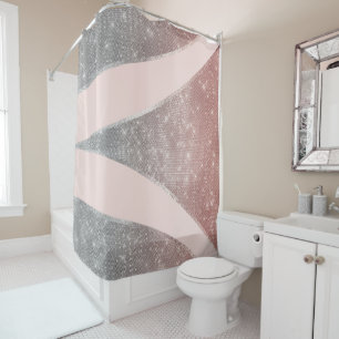 Glamourous Sparkly Silver Rose Gold Glitter Geo Shower Curtain