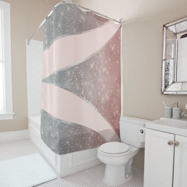 Glamourous Sparkly Silver Rose Gold Glitter Geo Shower Curtain (In Situ)