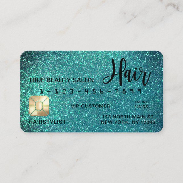 Glamourous Sparkly Teal Glitter Credit Card Hair (Front)