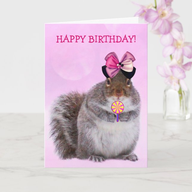 Glamourous Squirrel Birthay Card (Orchid)
