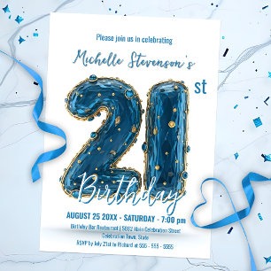 Glamourous Stylish Blue and Gold 21st Birthday Invitation
