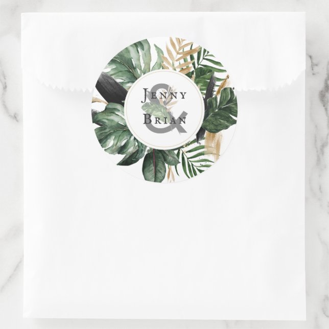 Glamourous Summer Greenery | Boho Wedding Monogram Classic Round Sticker (Bag)