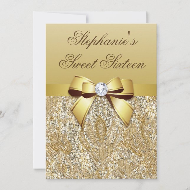 Glamourous Sweet 16 Faux Gold Sequins and Bow Invitation (Front)