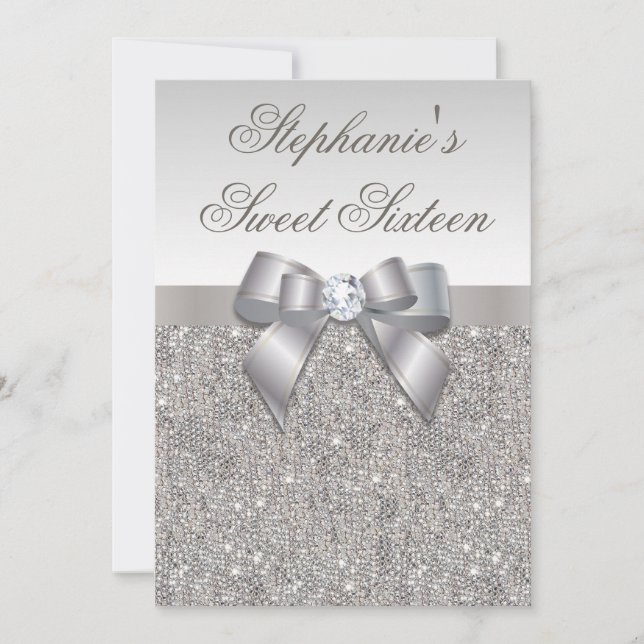 Glamourous Sweet 16 Faux Silver Sequins and Bow Invitation (Front)