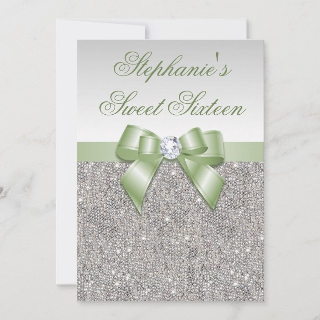 Glamourous Sweet 16 Faux Silver Sequins Green Bow Invitation (Front)
