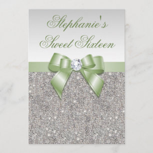 Glamourous Sweet 16 Faux Silver Sequins Green Bow Invitation