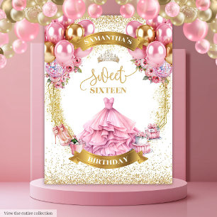 Glamourous Sweet Sixteen Backdrop Pink Dress Gold Tapestry