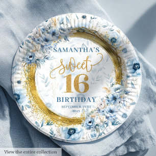 Glamourous Sweet Sixteen Dusty Blue Gold Plates