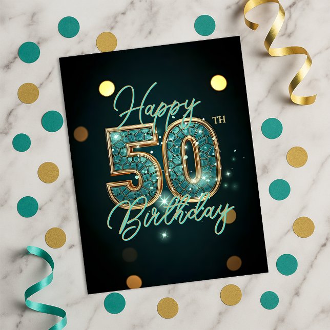 Glamourous Teal and Gold Mosaic 50th Birthday Postcard (Creator Uploaded)