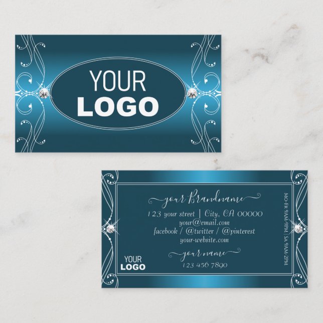 Glamourous Teal Blue Ornate Sparkle Jewels Add Log Business Card (Front/Back)