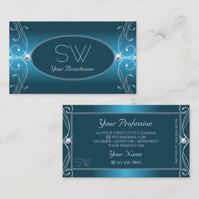 Glamourous Teal Blue Ornate Sparkle Jewels Monogra Business Card (Front/Back)