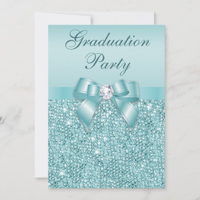 Glamourous Teal Jewels Bow Girls Graduation Party Invitation (Front)