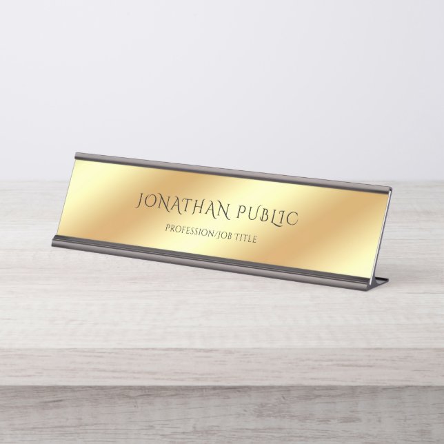 Glamourous Template Black Gold Modern Simple Desig Desk Name Plate (Front)