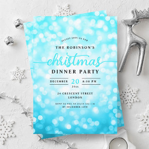 Glamourous Turquoise Lights Christmas Dinner Party Invitation