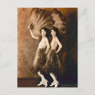 Glamourous Vaudeville Dancer Duo Vintage Feathers Postcard