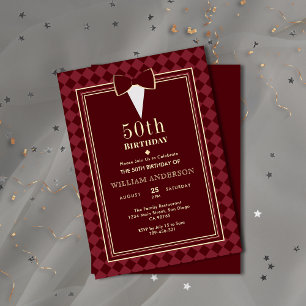 Glamourous Velvet Burgundy Gold Tuxedo Theme Party Invitation