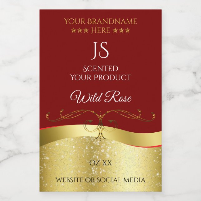 Glamourous Wavy Gold Decor Dark Red Monogram Label (Single Label)