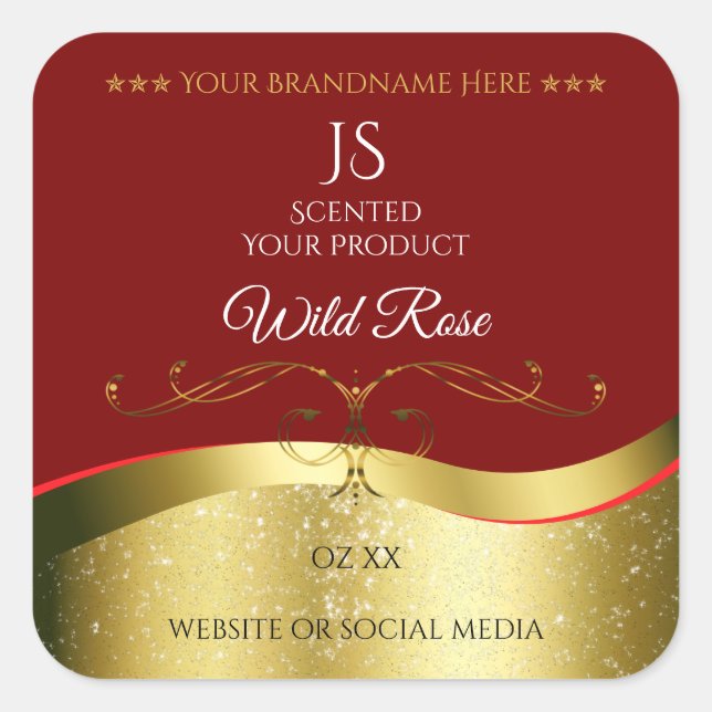 Glamourous Wavy Gold Decor Dark Red Monogram Label (Front)