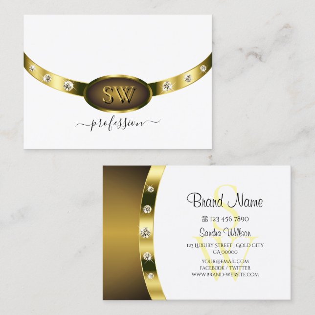 Glamourous White and Gold with Monogram Diamonds Business Card (Front/Back)