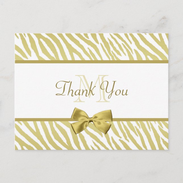 Glamourous White and Gold Zebra Print Thank You Postcard (Front)