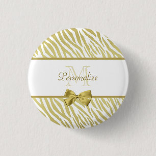 Glamourous White and Gold Zebra Print With Name 3 Cm Round Badge