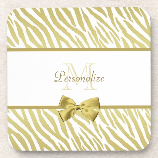 Glamourous White and Gold Zebra Print With Name Coaster (Front)