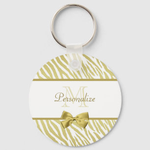 Glamourous White and Gold Zebra Print With Name Key Ring