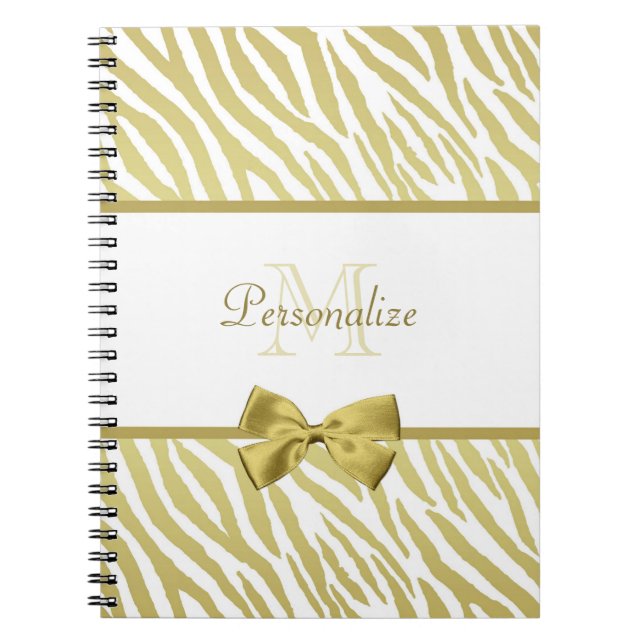 Glamourous White and Gold Zebra Print With Name Notebook (Front)
