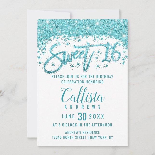 Glamourous White Aqua Blue Glitter Dust Sweet 16 Invitation (Front)
