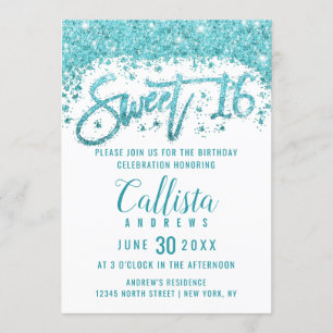 Glamourous White Aqua Blue Glitter Dust Sweet 16 Invitation