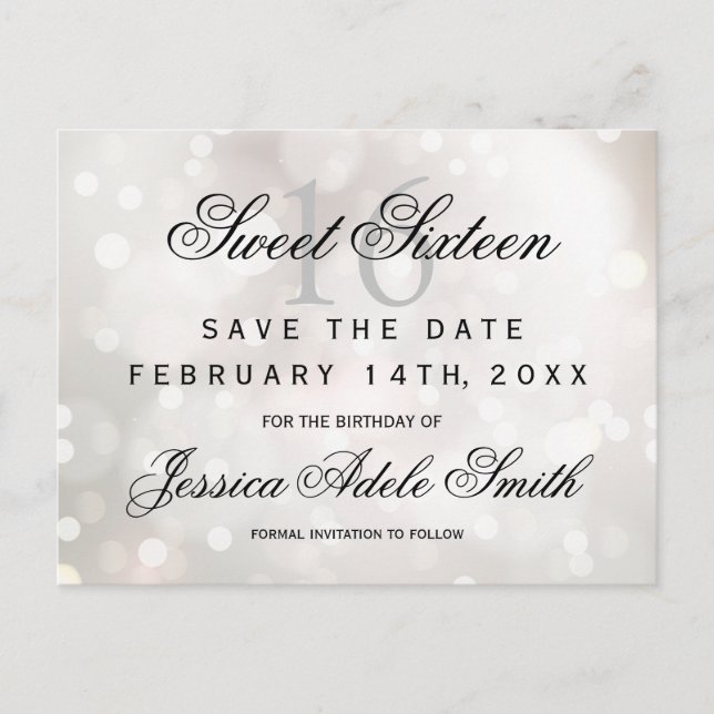 Glamourous White Glitter  Sweet 16 save the date Postcard (Front)