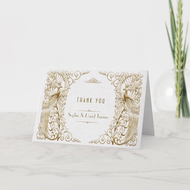 Glamourous White Gold Art Deco Peacocks Thank you Card (Front)