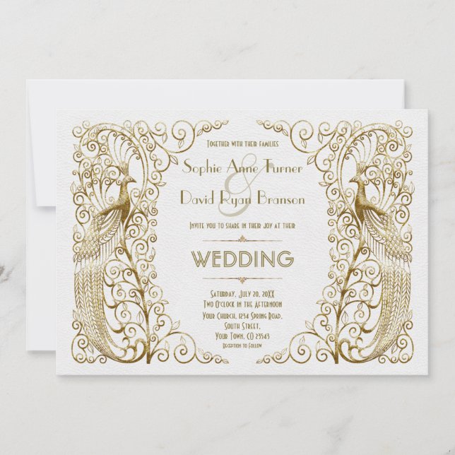 Glamourous White Gold Art Deco Peacocks Wedding Invitation (Front)