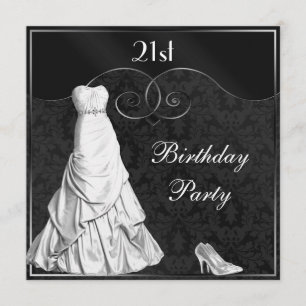 Glamourous White Gown Black Silver 21st Birthday Invitation