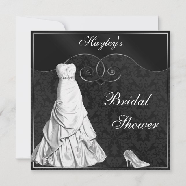 Glamourous White Gown Black Silver Bridal Shower Invitation (Front)