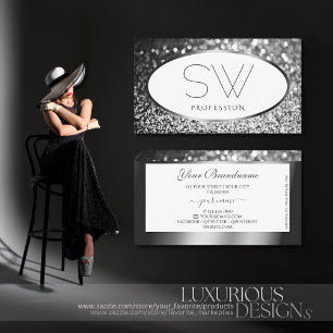 Glamourous White Silver Sparkle Glitter Monogram Business Card