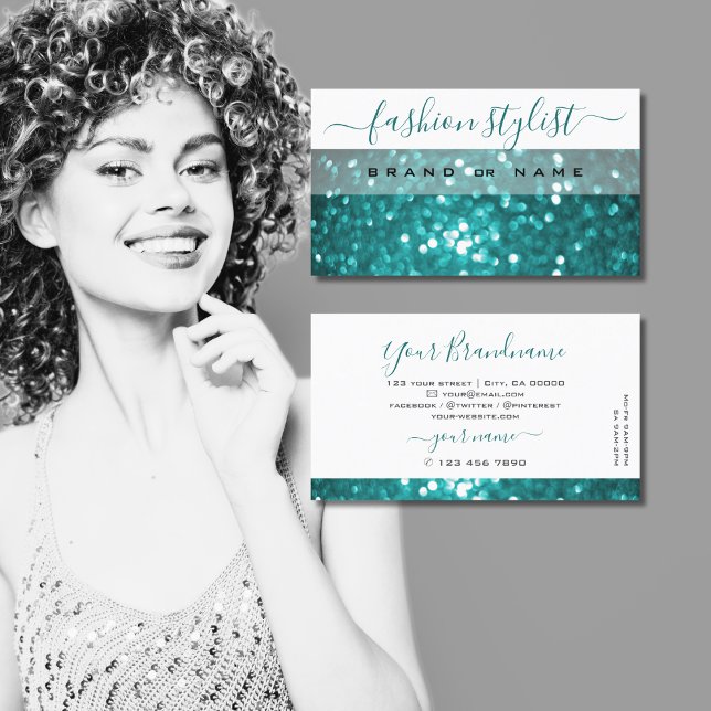 Glamourous White Teal Sparkle Glitter Professional Business Card (Creator Uploaded)