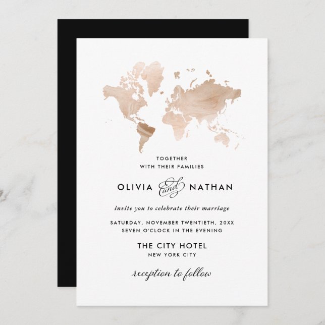 Glamourous World Map | Elegant Travel Theme Weddin Invitation (Front/Back)