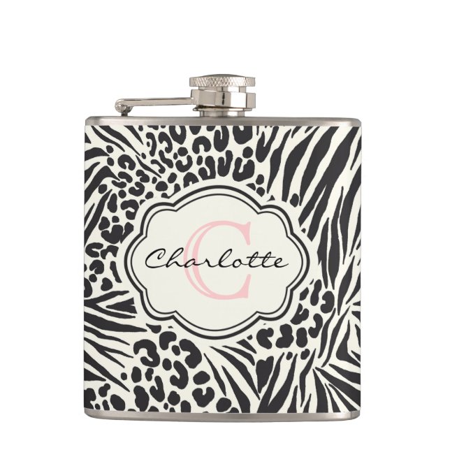 Glamourous Zebra Leopard Custom Monogram Flask (Front)