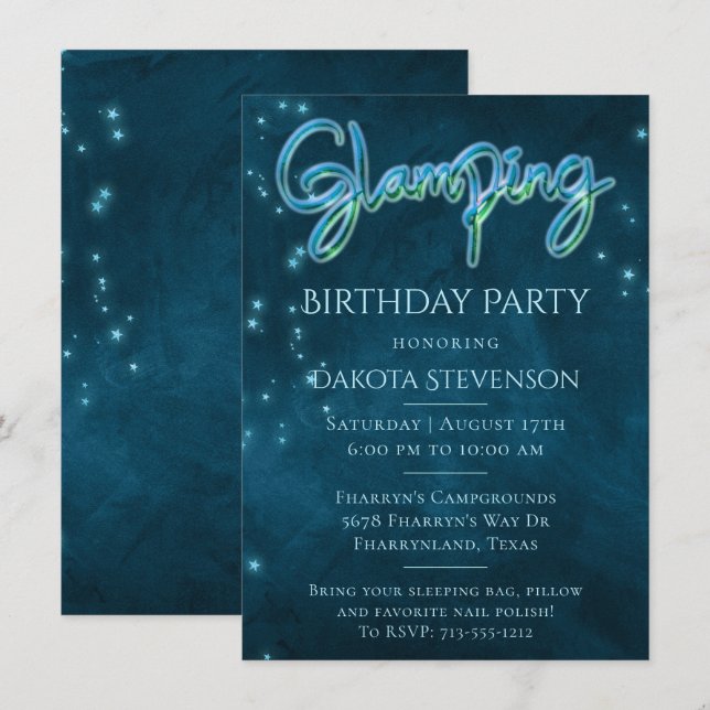 Glamping Birthday Party | Dark Neon Blue Teal Star Invitation (Front/Back)