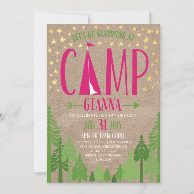 Glamping Birthday Party Invitation for Pennie (Front)