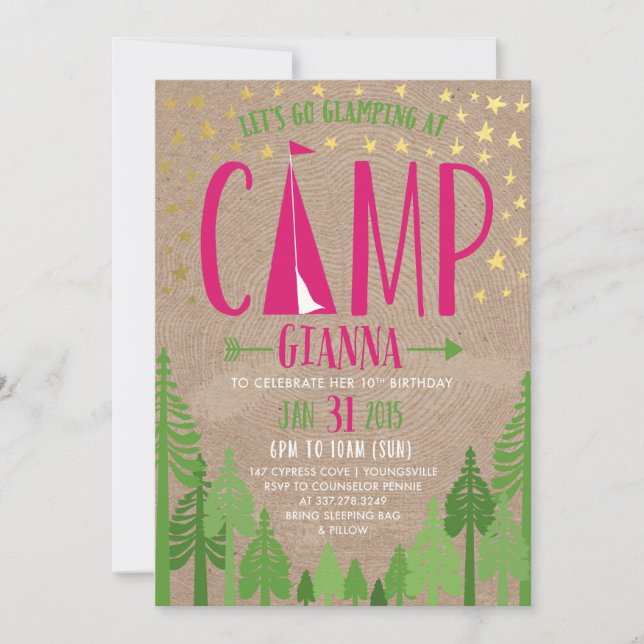 Glamping Birthday Party Invitation for Pennie (Front)